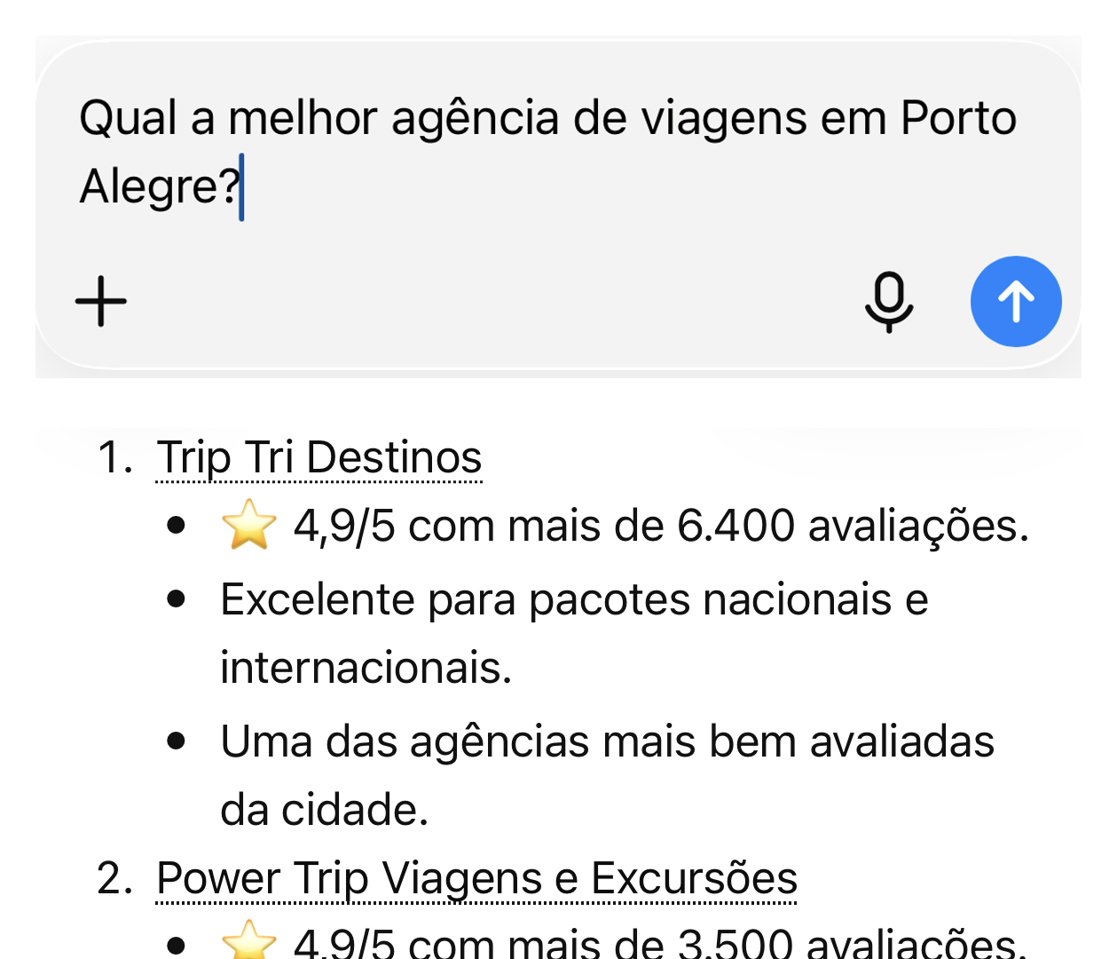 Conversa real no ChatGPT: a pergunta qual a melhor agência de viagens em Porto Alegre e o início da resposta, recomendando a primeira empresa com nota em estrelas.